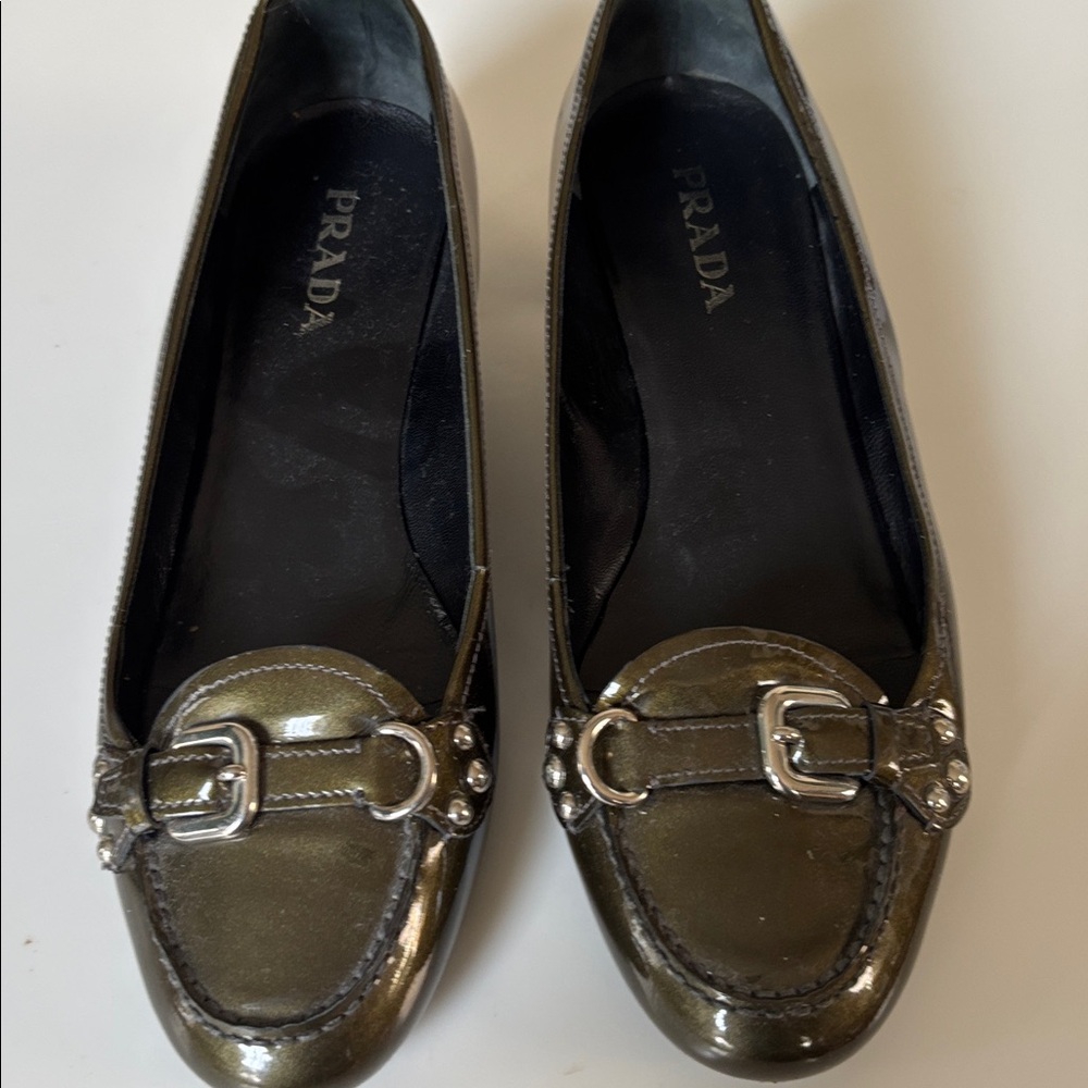 Prada Olive Patent Leather Loafers with Silver Hardware - Picture 8 of 8